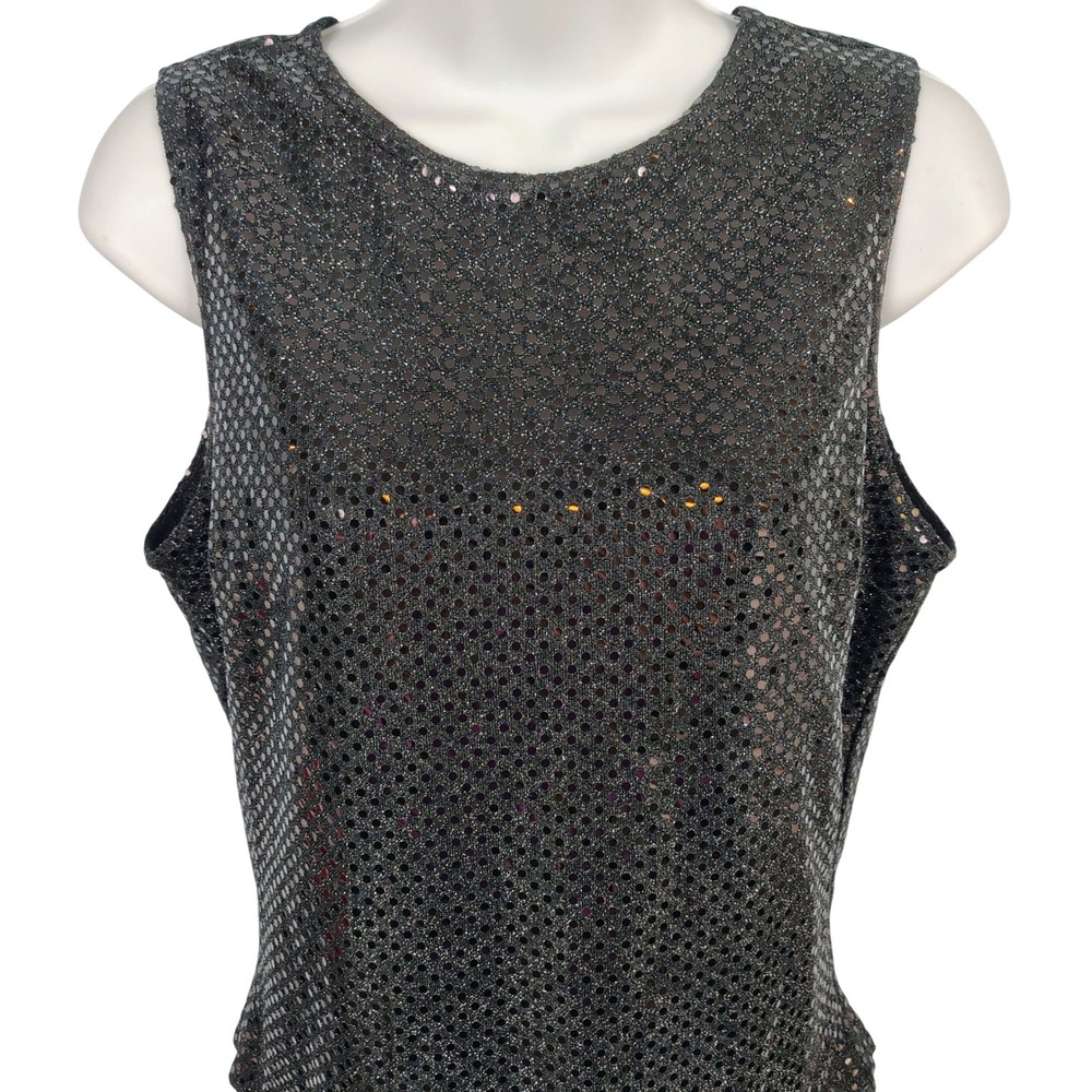 Jazz Sport Womens L Sequin Tank Top Black Silver Metallic Disco Glam Y2K SZ LGE